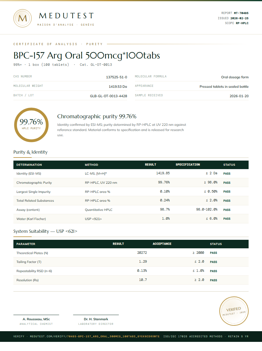 BPC-157 Arg Oral 500mcg*100tabs Purity (HPLC) report by Medutest