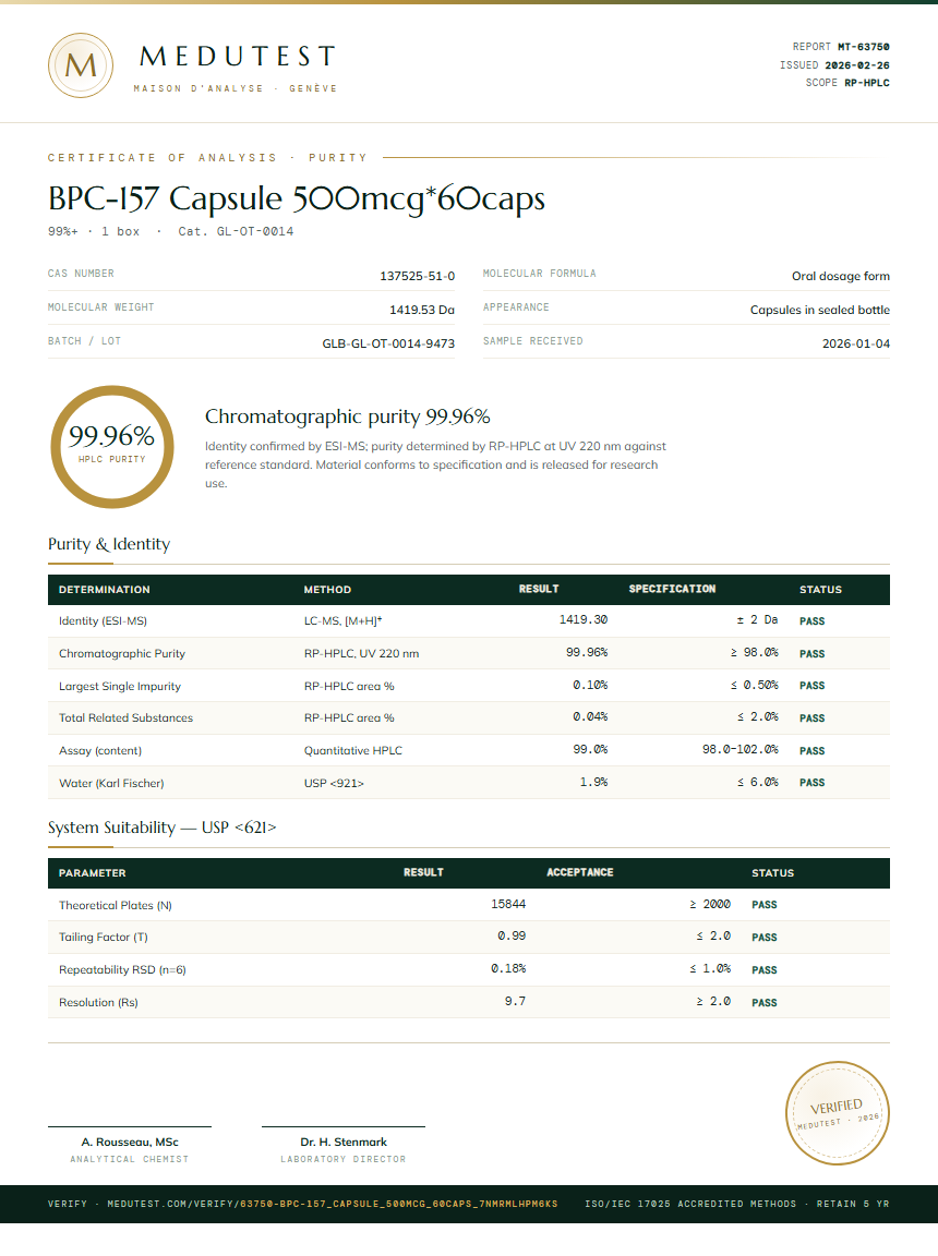 BPC-157 Capsule 500mcg*60caps Purity (HPLC) report by Medutest