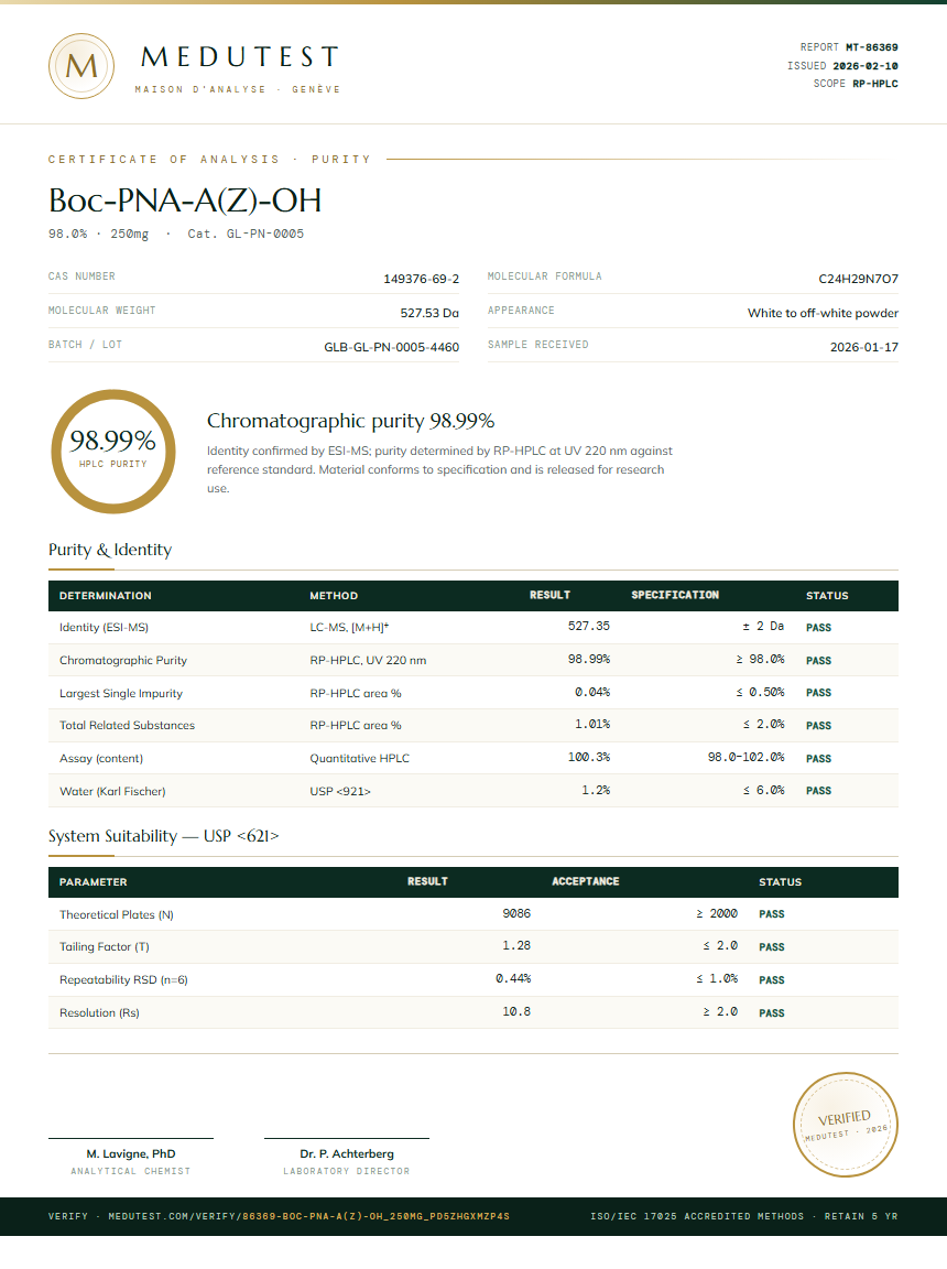 Boc-PNA-A(Z)-OH Purity (HPLC) report by Medutest