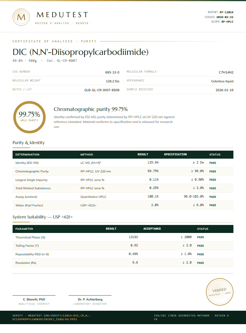 DIC (N,N'-Diisopropylcarbodiimide) Purity (HPLC) report by Medutest