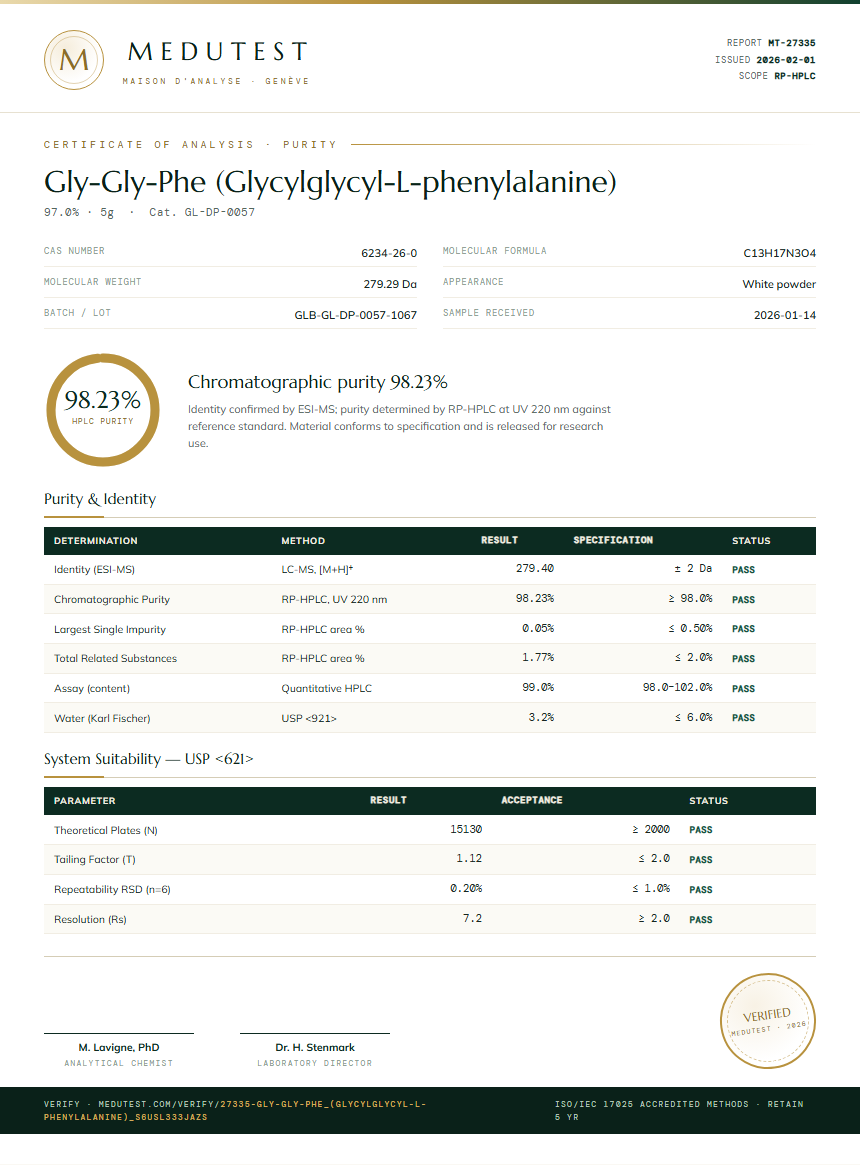 Gly-Gly-Phe (Glycylglycyl-L-phenylalanine) Purity (HPLC) report by Medutest
