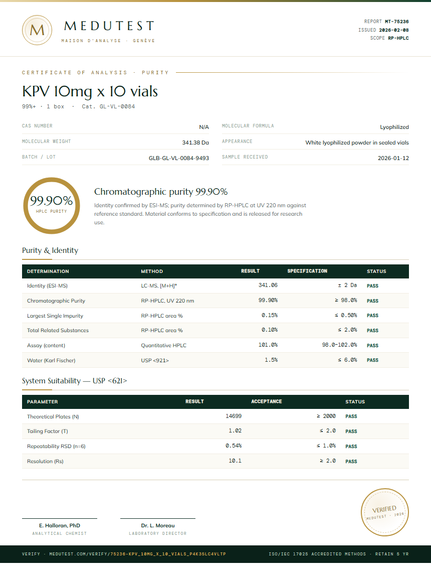 KPV 10mg x 10 vials Purity (HPLC) report by Medutest