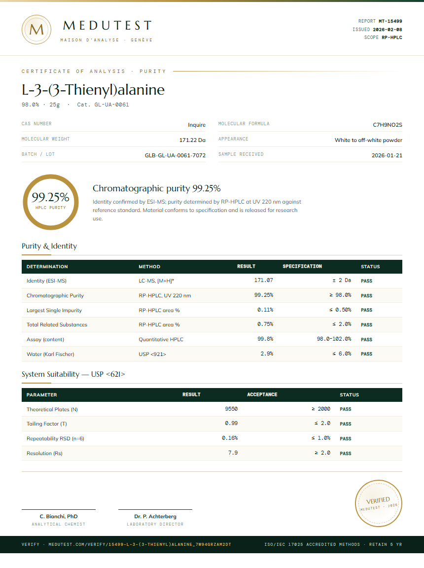 L-3-(3-Thienyl)alanine Purity (HPLC) report by Medutest