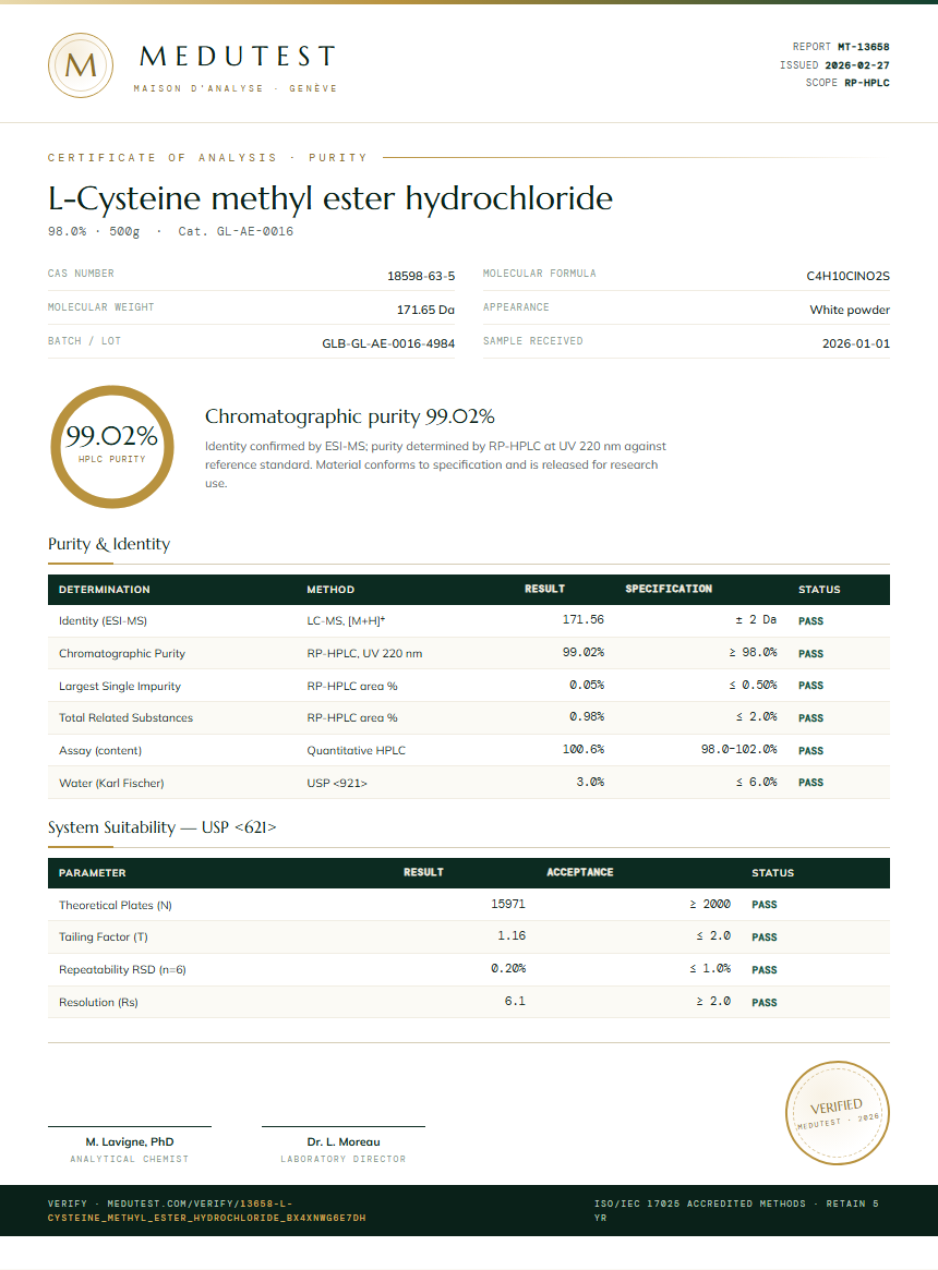 L-Cysteine methyl ester hydrochloride Purity (HPLC) report by Medutest