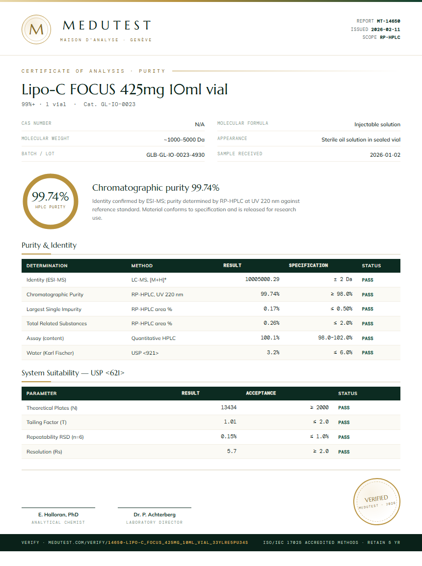 Lipo-C FOCUS 425mg 10ml vial Purity (HPLC) report by Medutest