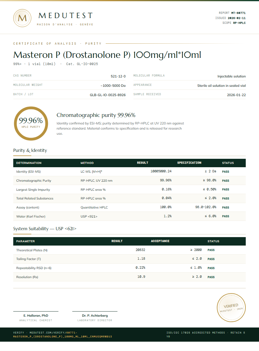 Masteron P (Drostanolone P) 100mg/ml*10ml Purity (HPLC) report by Medutest
