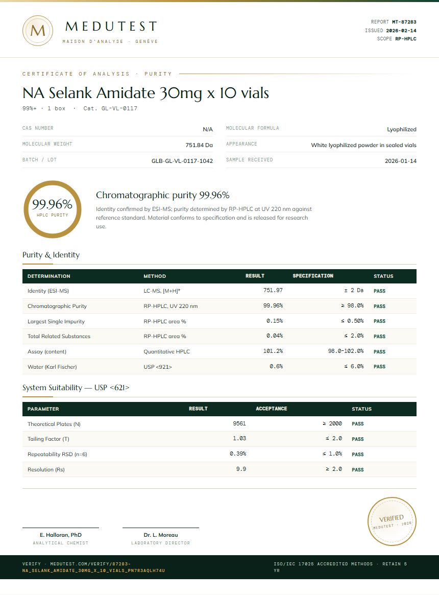 NA Selank Amidate 30mg x 10 vials Purity (HPLC) report by Medutest