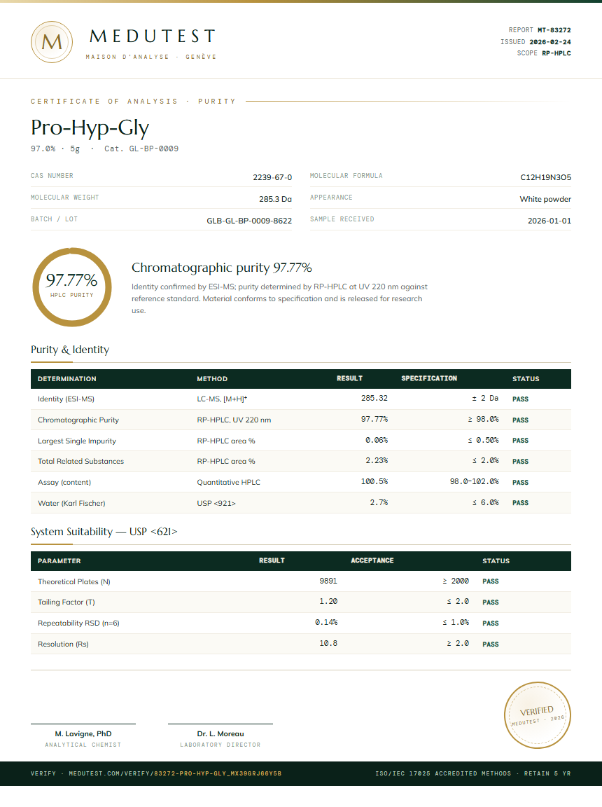 Pro-Hyp-Gly Purity (HPLC) report by Medutest