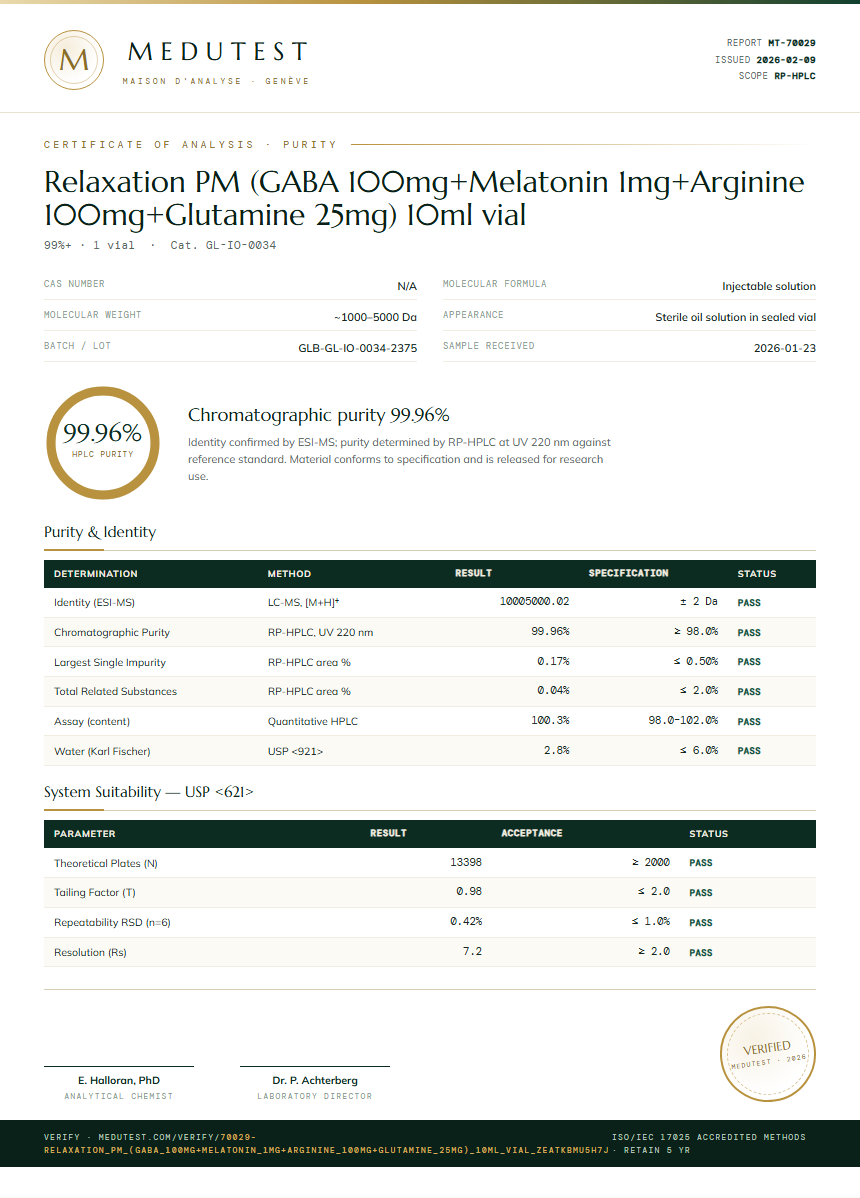 Relaxation PM (GABA 100mg+Melatonin 1mg+Arginine 100mg+Glutamine 25mg) 10ml vial Purity (HPLC) report by Medutest