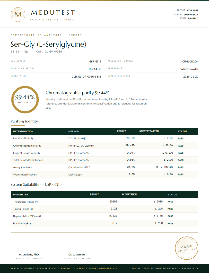 Ser-Gly (L-Serylglycine) Purity (HPLC) report by Medutest