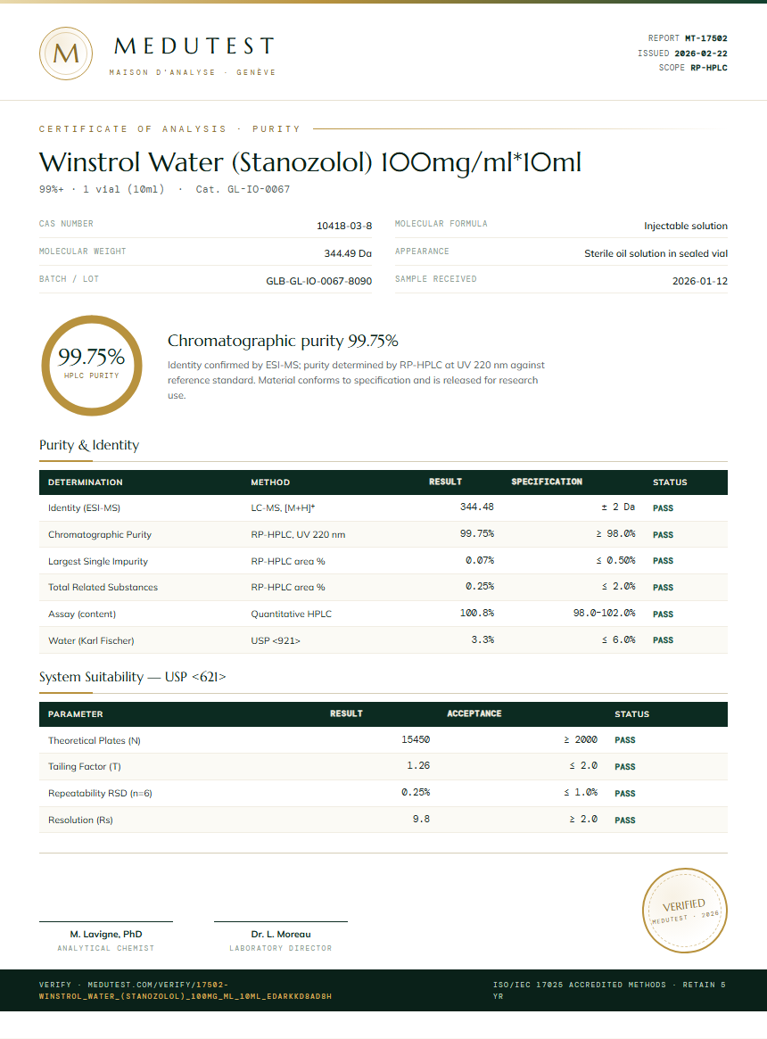 Winstrol Water (Stanozolol) 100mg/ml*10ml Purity (HPLC) report by Medutest