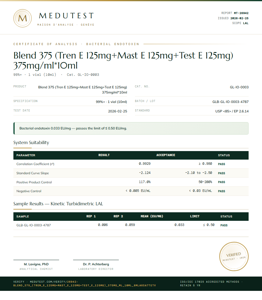 Blend 375 (Tren E 125mg+Mast E 125mg+Test E 125mg) 375mg/ml*10ml Endotoxin report by Medutest