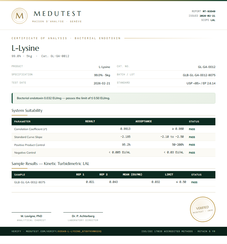 L-Lysine Endotoxin report by Medutest