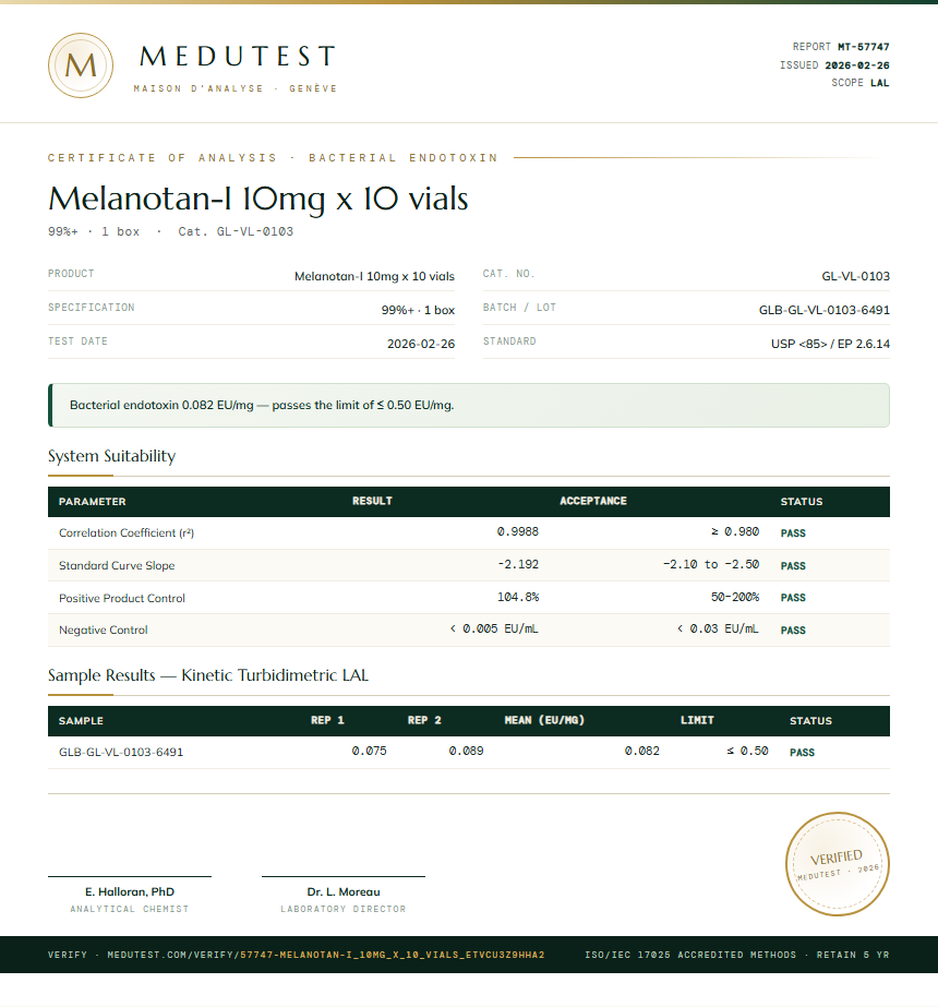 Melanotan-I 10mg x 10 vials Endotoxin report by Medutest