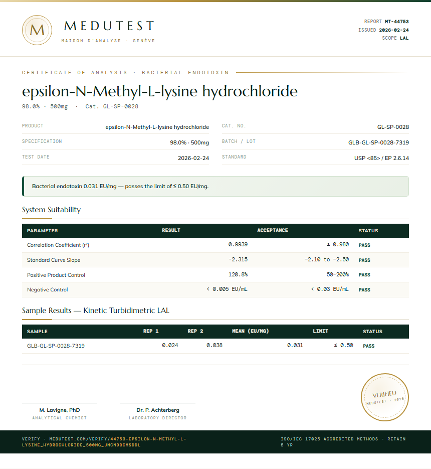 epsilon-N-Methyl-L-lysine hydrochloride Endotoxin report by Medutest