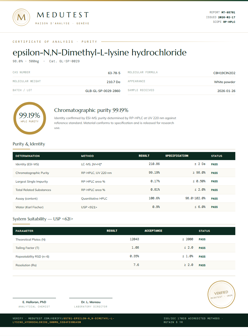 epsilon-N,N-Dimethyl-L-lysine hydrochloride Purity (HPLC) report by Medutest