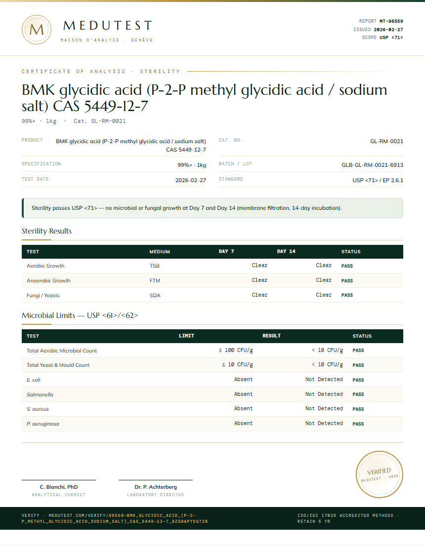 BMK glycidic acid (P-2-P methyl glycidic acid / sodium salt) CAS 5449-12-7 Sterility report by Medutest