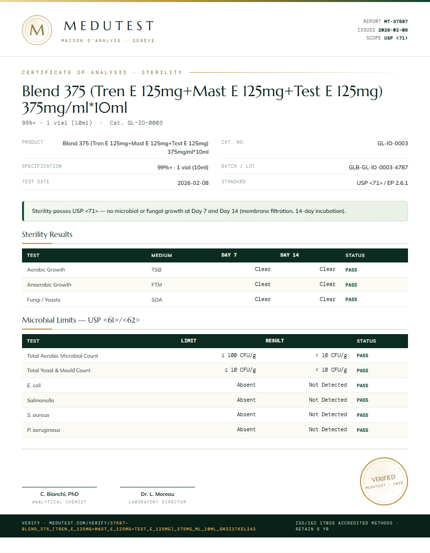Blend 375 (Tren E 125mg+Mast E 125mg+Test E 125mg) 375mg/ml*10ml Sterility report by Medutest