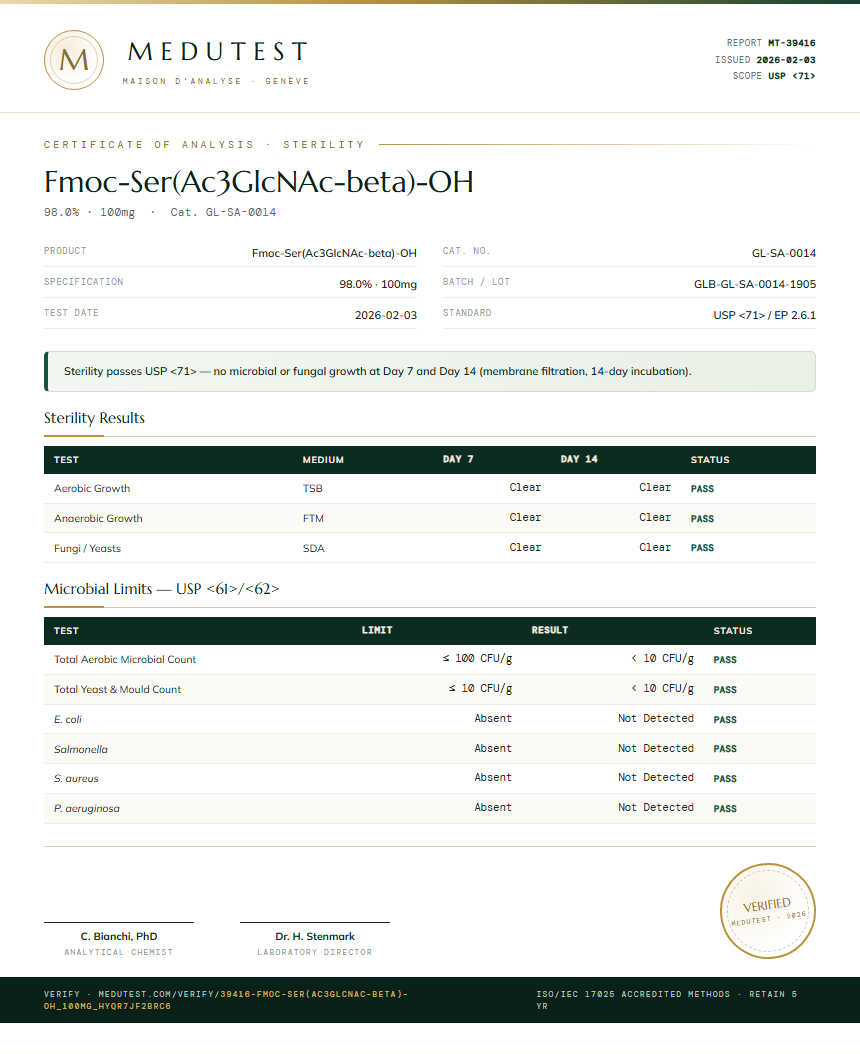 Fmoc-Ser(Ac3GlcNAc-beta)-OH Sterility report by Medutest