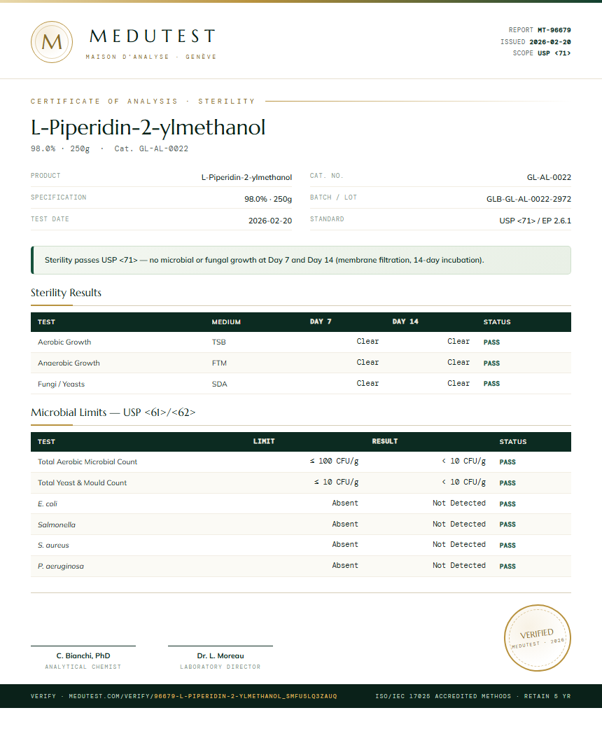 L-Piperidin-2-ylmethanol Sterility report by Medutest