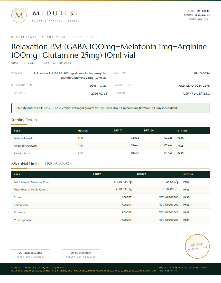 Relaxation PM (GABA 100mg+Melatonin 1mg+Arginine 100mg+Glutamine 25mg) 10ml vial Sterility report by Medutest
