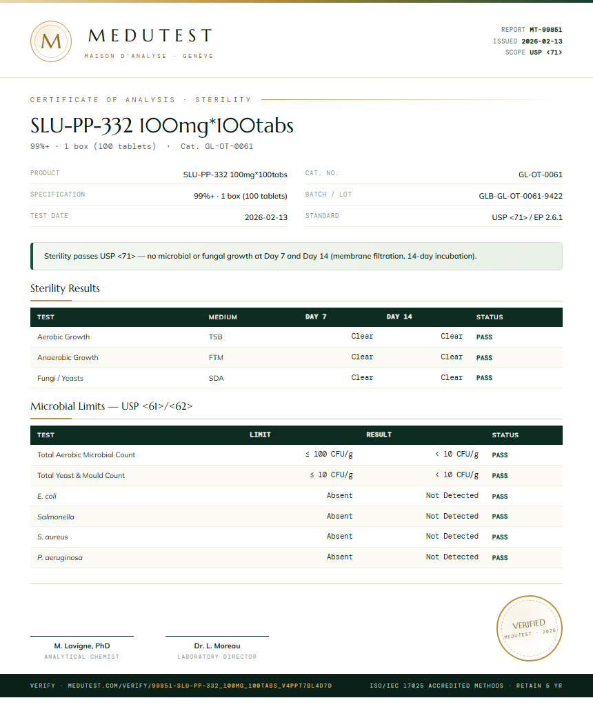SLU-PP-332 100mg*100tabs Sterility report by Medutest