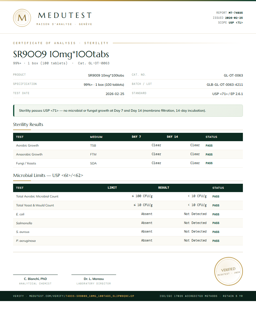 SR9009 10mg*100tabs Sterility report by Medutest