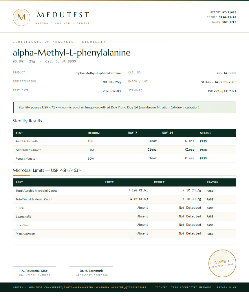 alpha-Methyl-L-phenylalanine Sterility report by Medutest