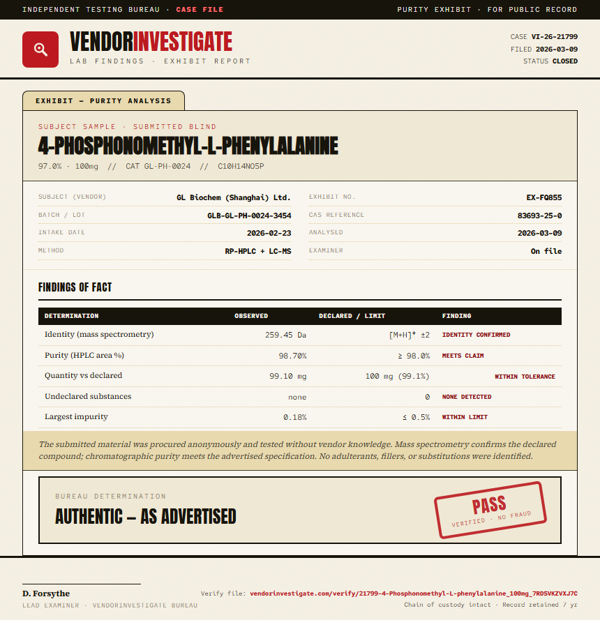 4-Phosphonomethyl-L-phenylalanine Purity (HPLC) report by VendorInvestigate