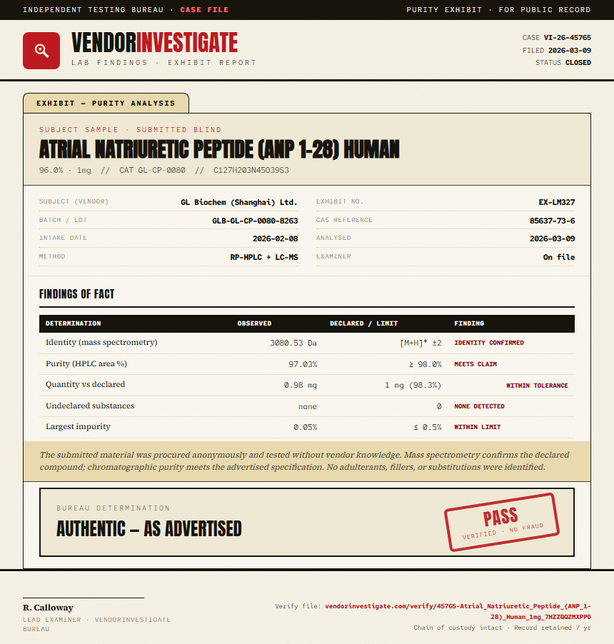 Atrial Natriuretic Peptide (ANP 1-28) Human Purity (HPLC) report by VendorInvestigate