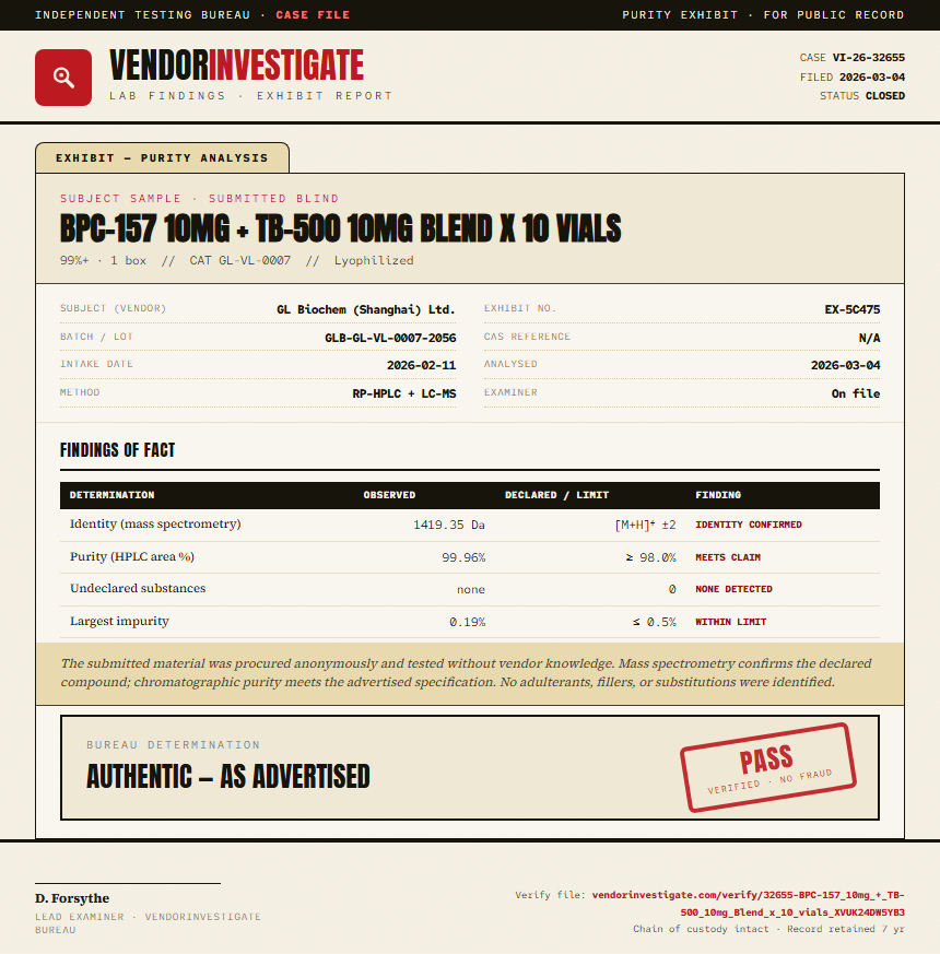 BPC-157 10mg + TB-500 10mg Blend x 10 vials Purity (HPLC) report by VendorInvestigate