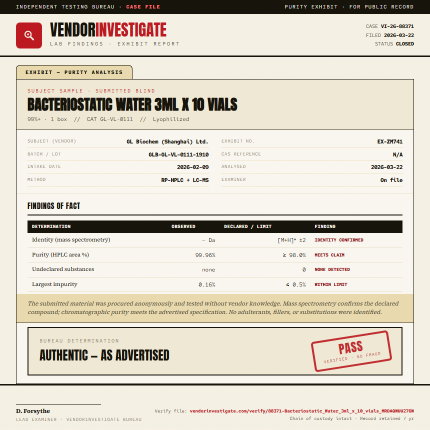 Bacteriostatic Water 3ml x 10 vials Purity (HPLC) report by VendorInvestigate