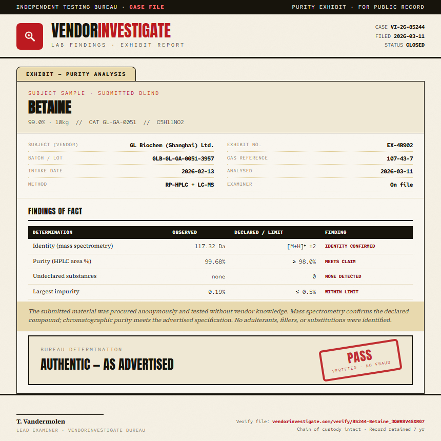 Betaine Purity (HPLC) report by VendorInvestigate
