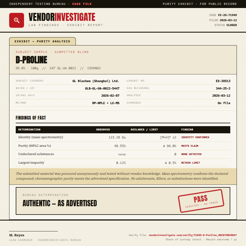 D-Proline Purity (HPLC) report by VendorInvestigate