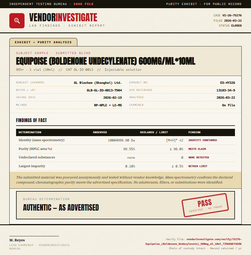 Equipoise (Boldenone Undecylenate) 600mg/ml*10ml Purity (HPLC) report by VendorInvestigate
