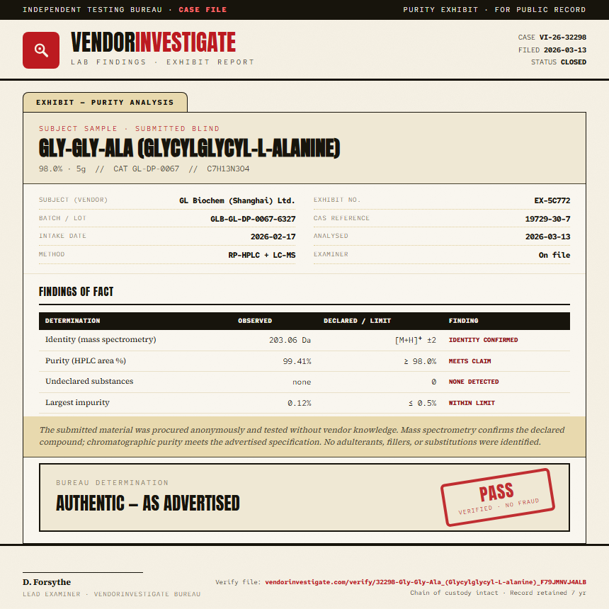 Gly-Gly-Ala (Glycylglycyl-L-alanine) Purity (HPLC) report by VendorInvestigate