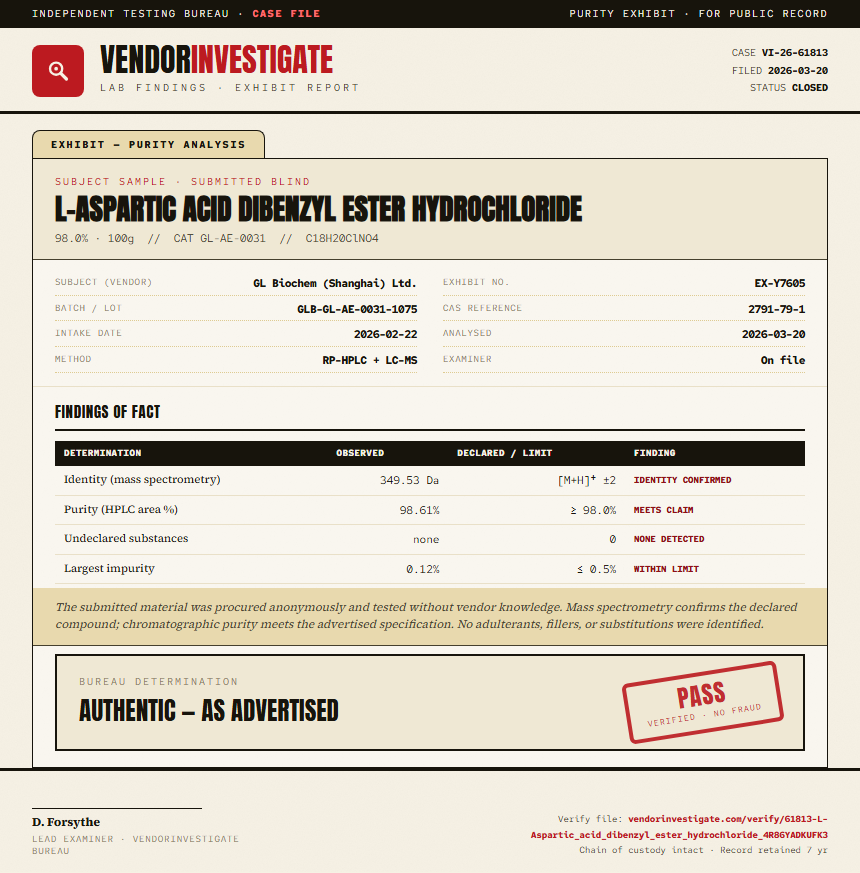L-Aspartic acid dibenzyl ester hydrochloride Purity (HPLC) report by VendorInvestigate