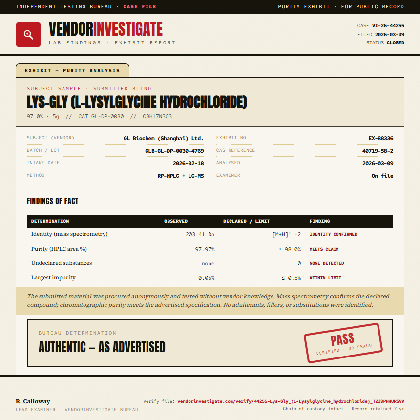 Lys-Gly (L-Lysylglycine hydrochloride) Purity (HPLC) report by VendorInvestigate