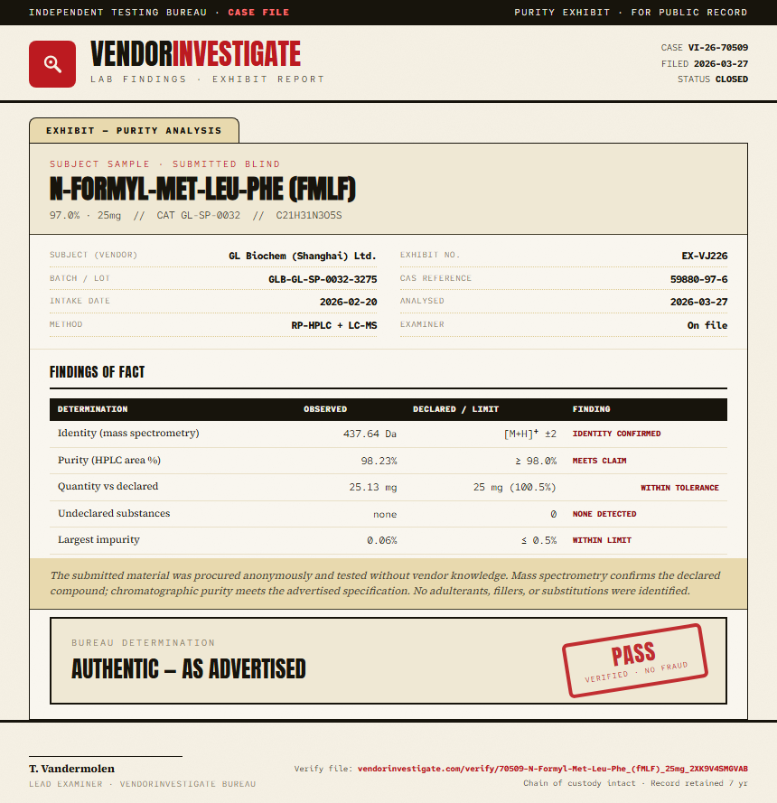 N-Formyl-Met-Leu-Phe (fMLF) Purity (HPLC) report by VendorInvestigate