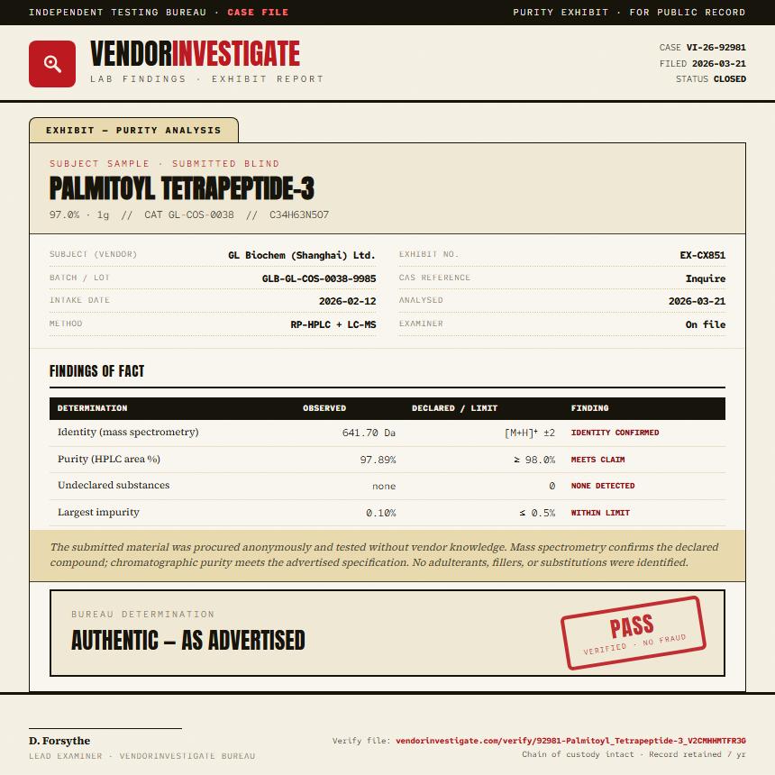 Palmitoyl Tetrapeptide-3 Purity (HPLC) report by VendorInvestigate