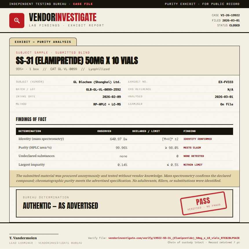 SS-31 (Elamipretide) 50mg x 10 vials Purity (HPLC) report by VendorInvestigate
