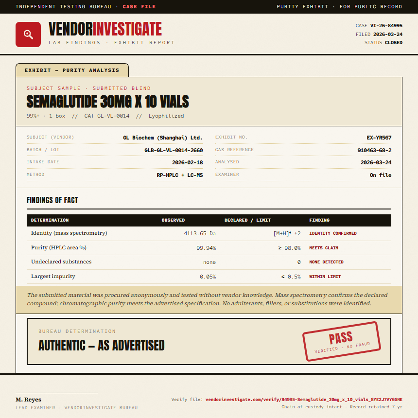 Semaglutide 30mg x 10 vials Purity (HPLC) report by VendorInvestigate