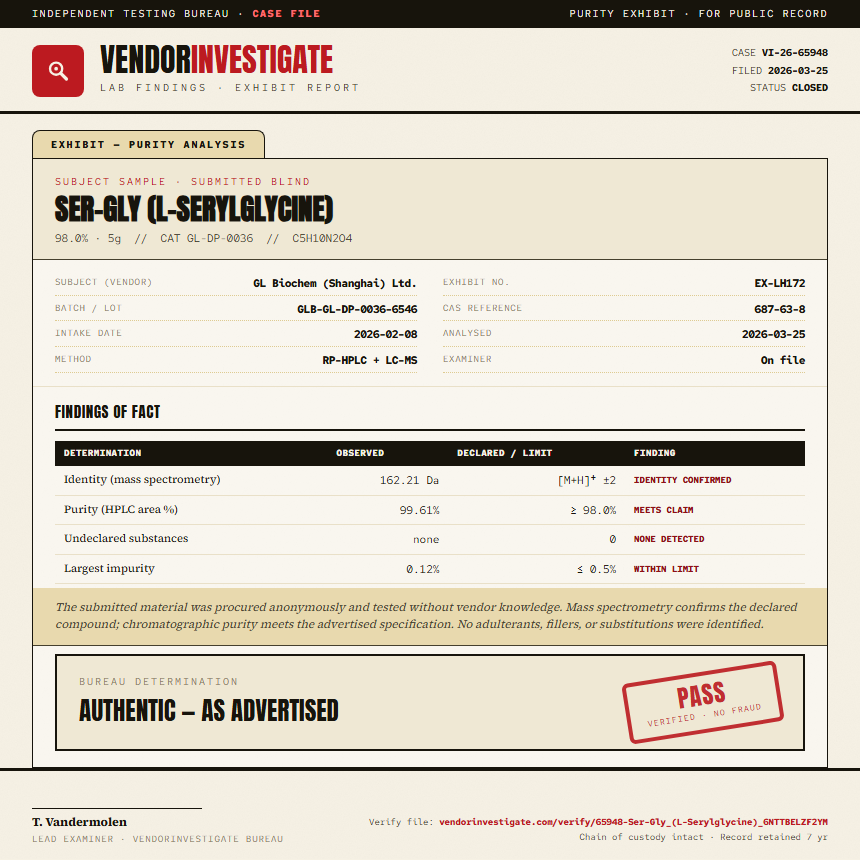 Ser-Gly (L-Serylglycine) Purity (HPLC) report by VendorInvestigate