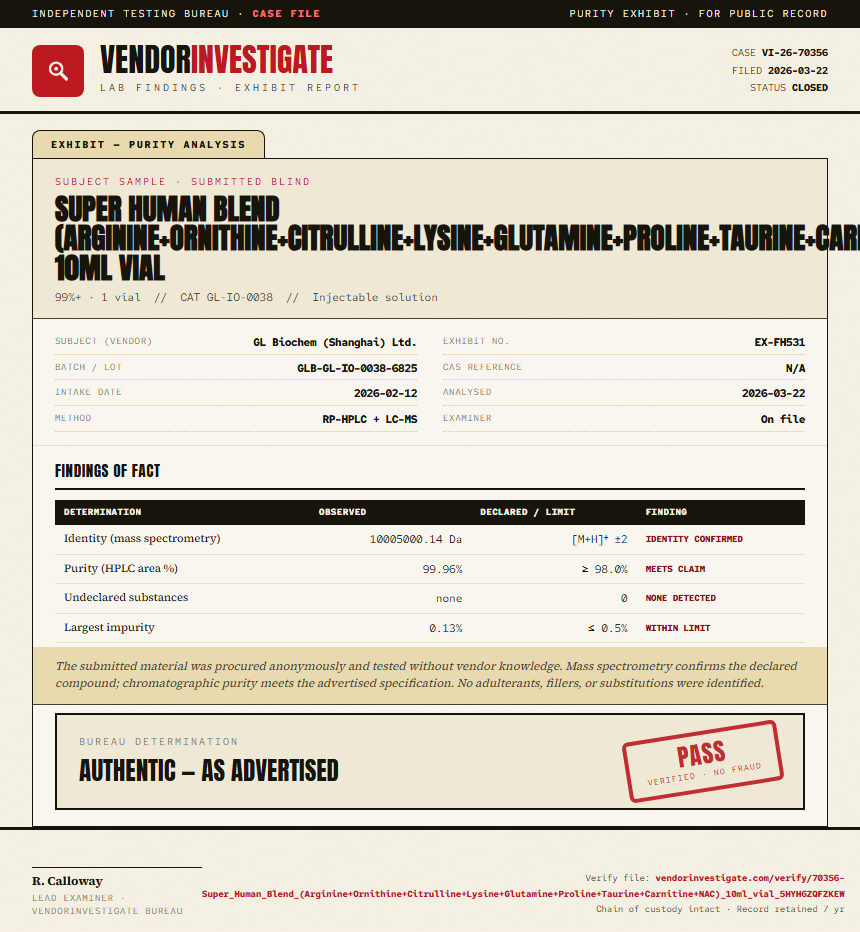 Super Human Blend (Arginine+Ornithine+Citrulline+Lysine+Glutamine+Proline+Taurine+Carnitine+NAC) 10ml vial Purity (HPLC) report by VendorInvestigate