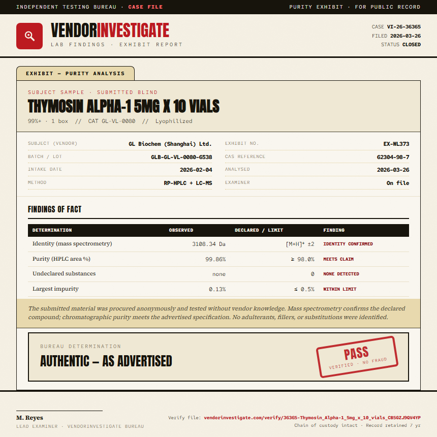 Thymosin Alpha-1 5mg x 10 vials Purity (HPLC) report by VendorInvestigate