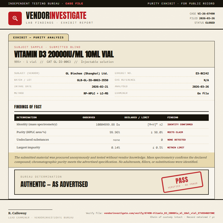 Vitamin D3 20000iu/ml 10ml vial Purity (HPLC) report by VendorInvestigate