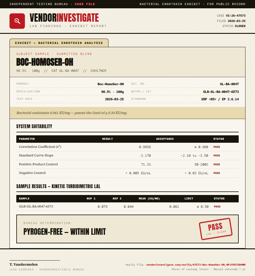 Boc-HomoSer-OH Endotoxin report by VendorInvestigate