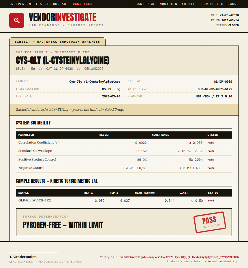 Cys-Gly (L-Cysteinylglycine) Endotoxin report by VendorInvestigate