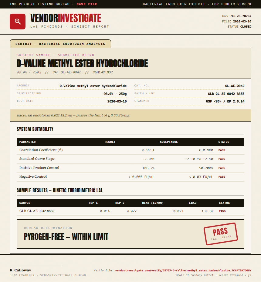 D-Valine methyl ester hydrochloride Endotoxin report by VendorInvestigate