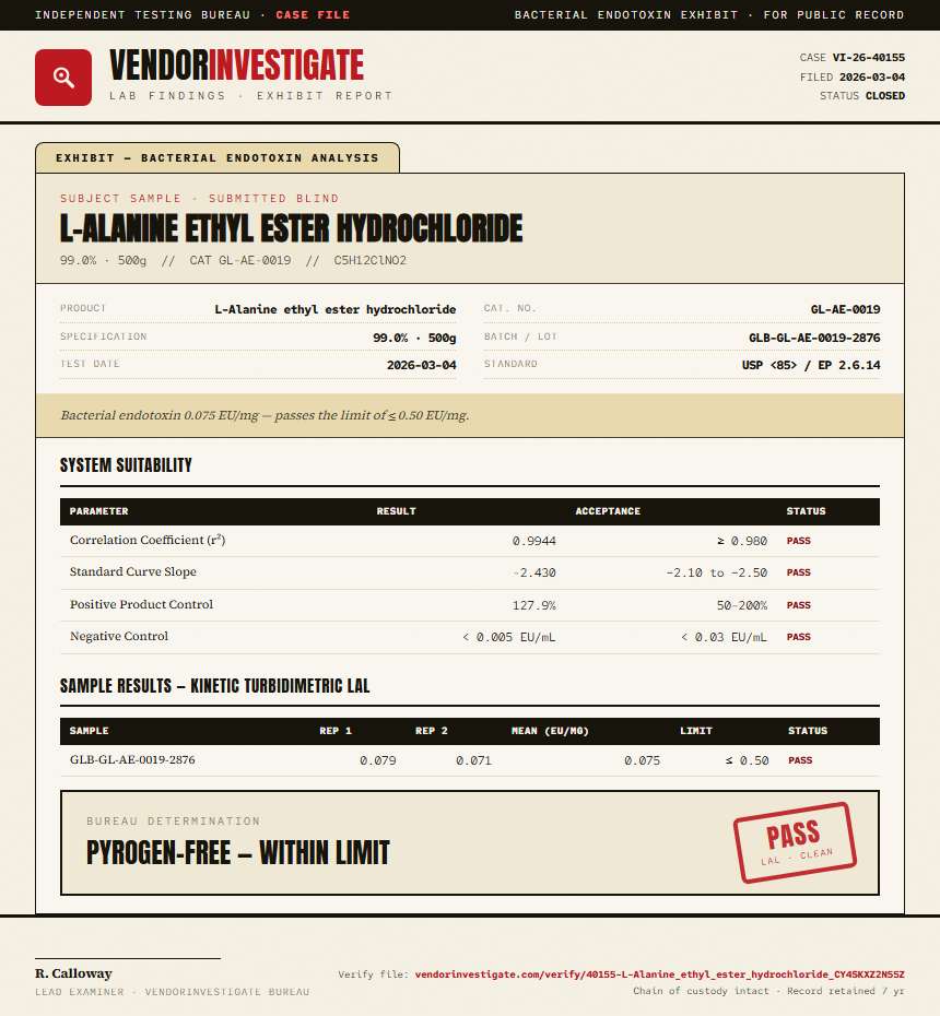 L-Alanine ethyl ester hydrochloride Endotoxin report by VendorInvestigate